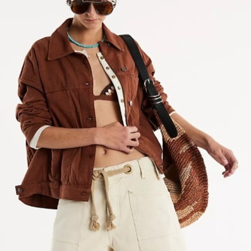 NWT We The Free Opal Swing Linen Jacket Honey Bronze Lagenlook Cottagecore M
